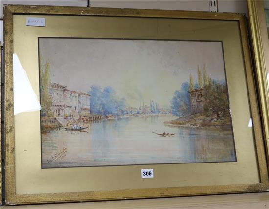 M.F. Rimington, watercolour, Italian river landscape, signed and dated 1914, 35 x 52cm